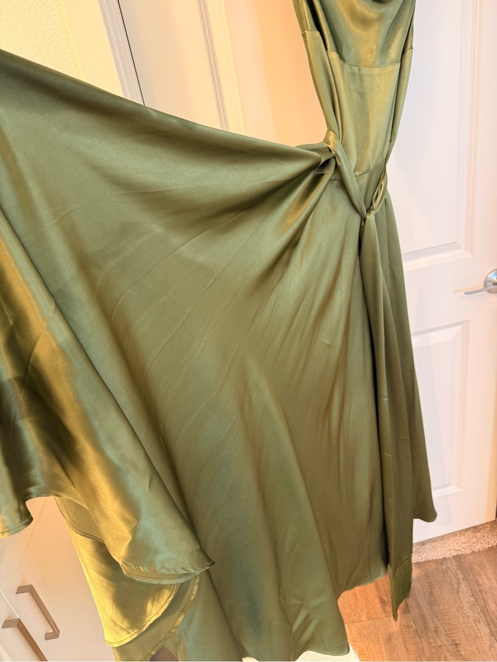 NEW Bronx Banco Leo Sage Maxi Dress, Olive Green Satin Cowl Neck Evening Gown - Picture 11 of 16